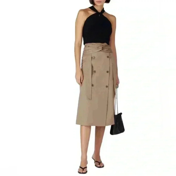Rokh Midi Skirt 38 4 S Brown Beige Tan Twist Front Button Embellished Cotton - Picture 3 of 16